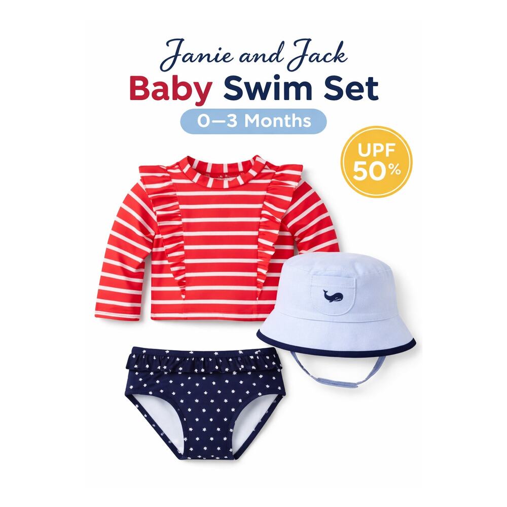 Janie and Jack Baby Stars & Stripes Rash Guard Set + Sun Hat | 0–3M | NWOT
